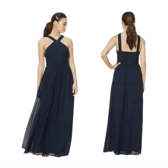 🆑️CLEARANCE Bill Levkoff Formal Maxi Dress Navy Blue Cross-Strap Size 10 Sample - Picture 12 of 12